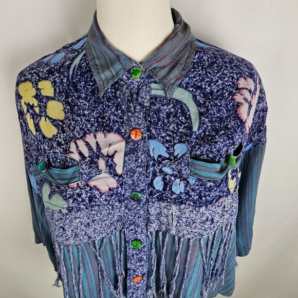 Vintage Passports Pier 1 Imports Floral Fringe Button Shirt Medium Blue Boho - Picture 3 of 10